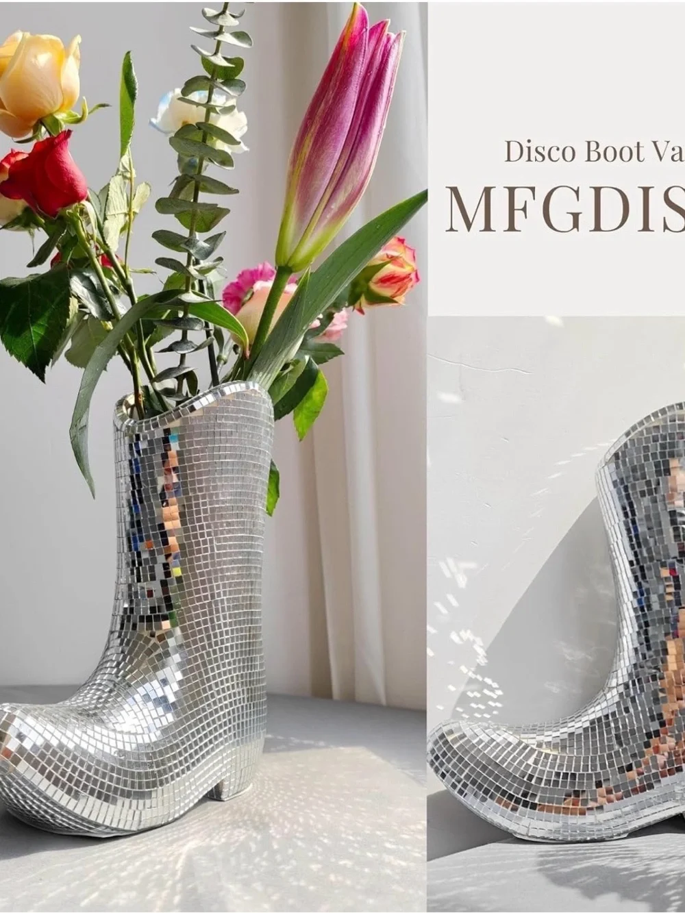 Mirrored Silver Mosaic Boot Vase - Decorative Party Planter